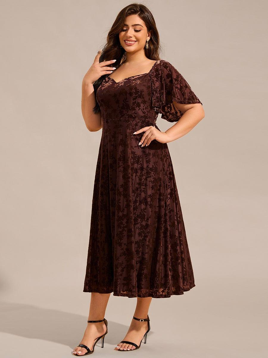 Plus Size Printed Velvet A-Line Short Sleeve Tea Length Wedding Guest Dress