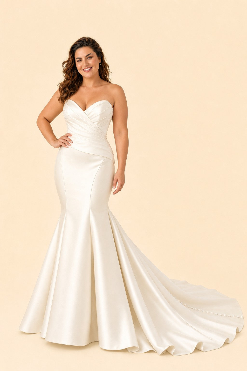 Plus Size Timeless Strapless Bridal Dress with Pleated Waist and Flowing Train
