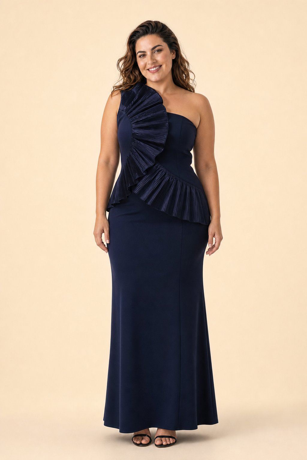 Plus Size One Shoulder Maxi Bridesmaid Dress with Fan Pleats and Elegant Fit