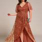 Plus Size Short Sleeves Sequin High Low V-Neck Midi Formal Evening Dress