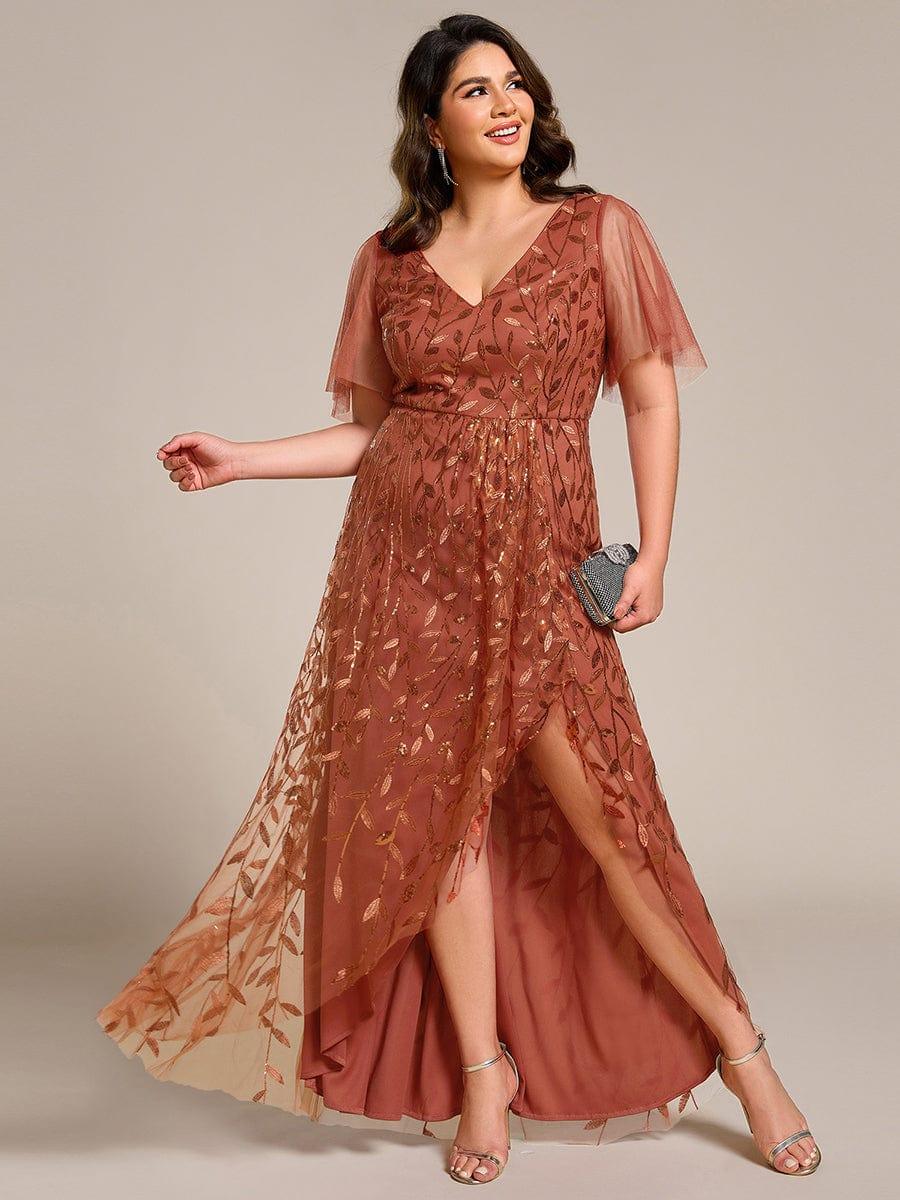 Plus Size Short Sleeves Sequin High Low V-Neck Midi Formal Evening Dress