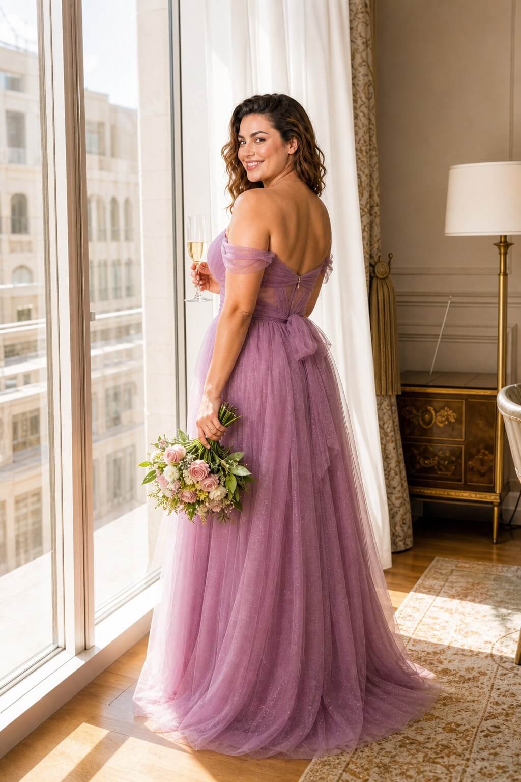 Plus Size A-Line Tulle Bridesmaid Dress with Ruched Slit Detail