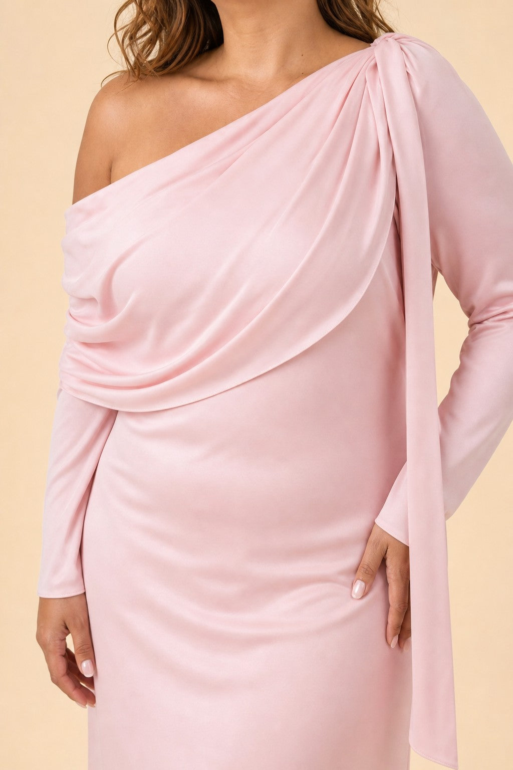 Romantic Bridesmaid Dress with One Shoulder Sleeve and Tie Accent