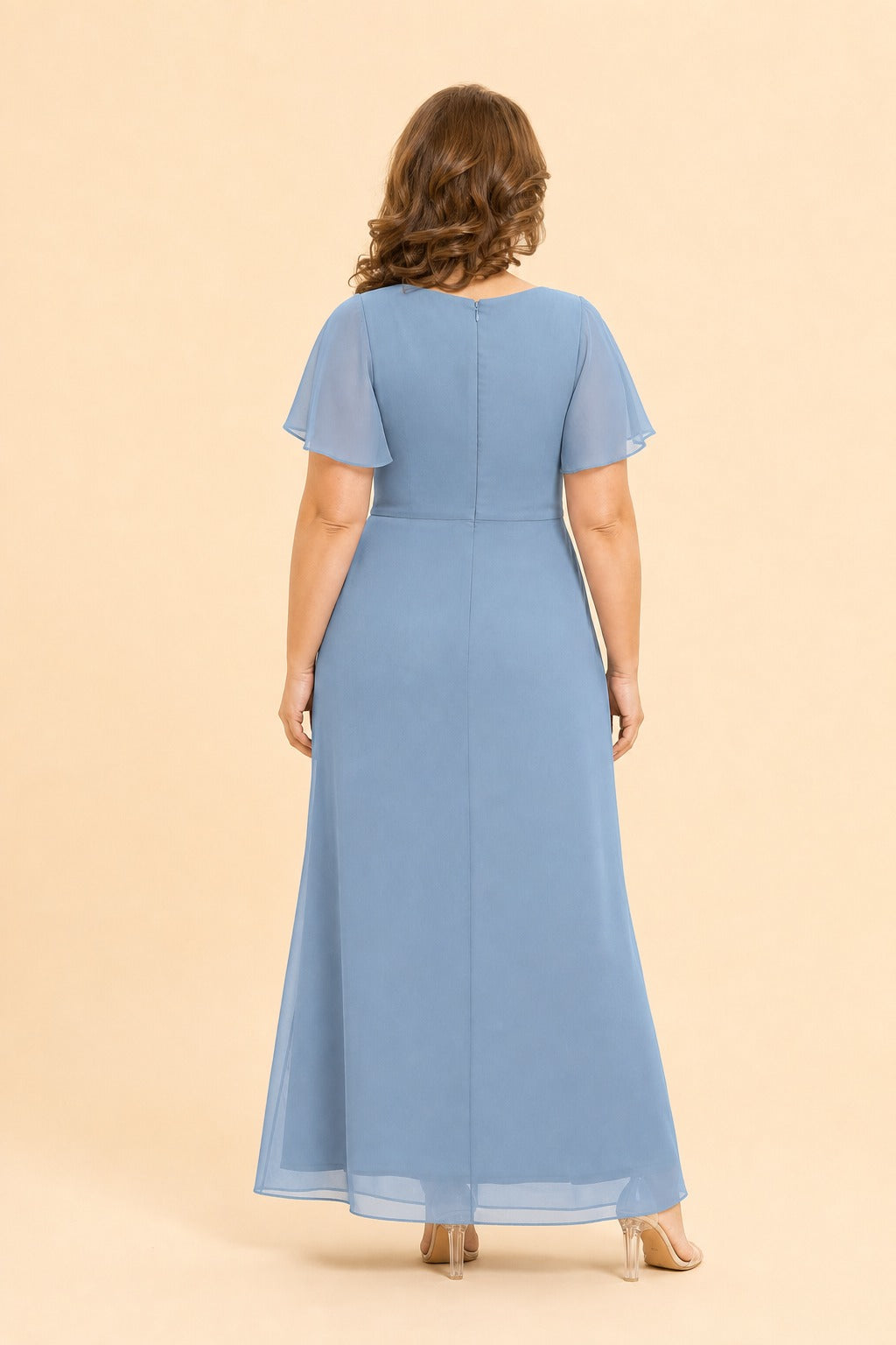 Plus Size A-Line Mother of the Bride Dress with Pleated Chiffon Flutter Sleeves