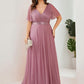 Plus Size V Neck Ribbon Waist Formal Evening Dress With Sleeves