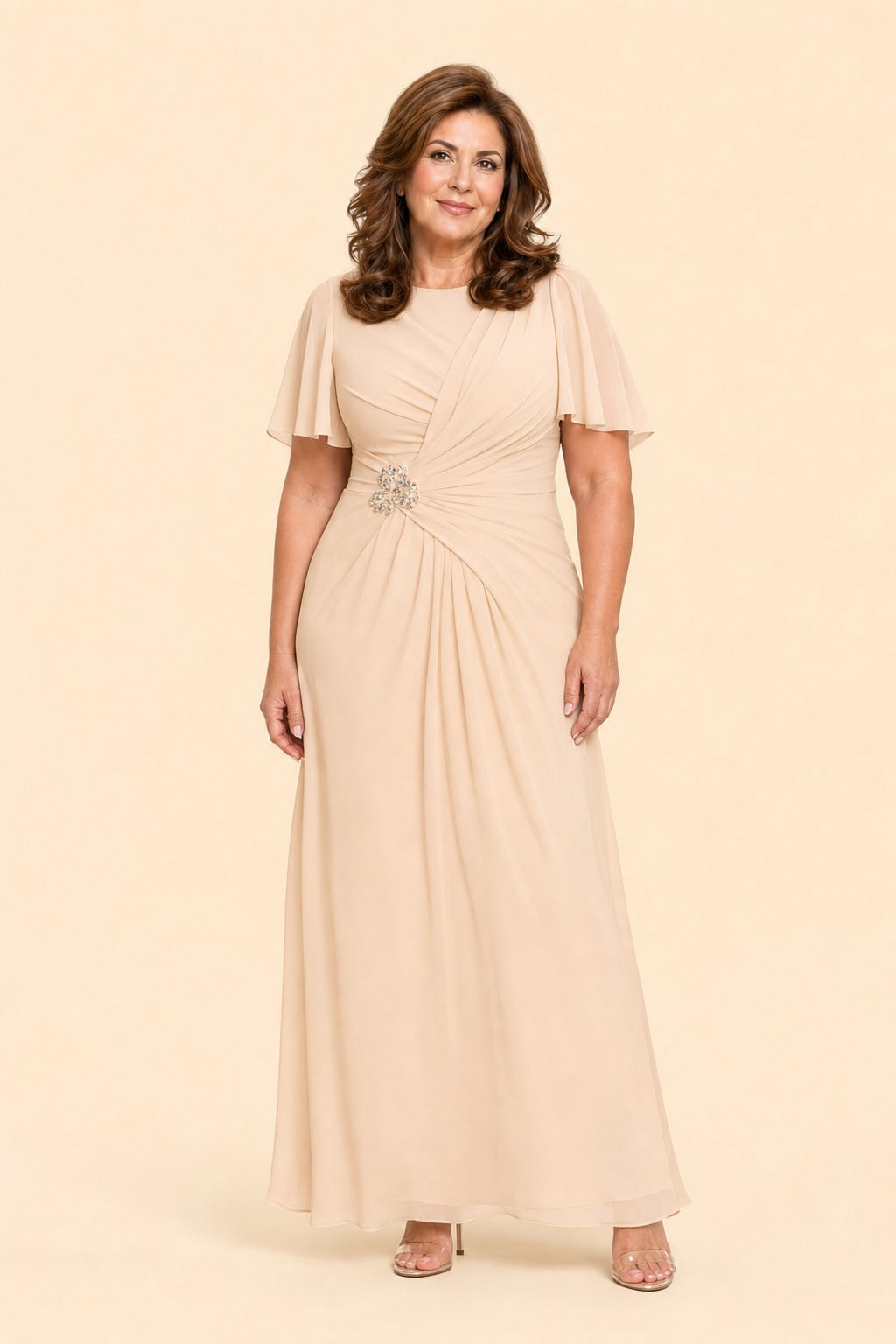 Plus Size A-Line Mother of the Bride Dress with Pleated Chiffon Flutter Sleeves