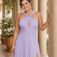 Plus Size Halter Bridesmaid Dress with Pleated Chiffon A-Line Skirt - Open Back and Side Slit