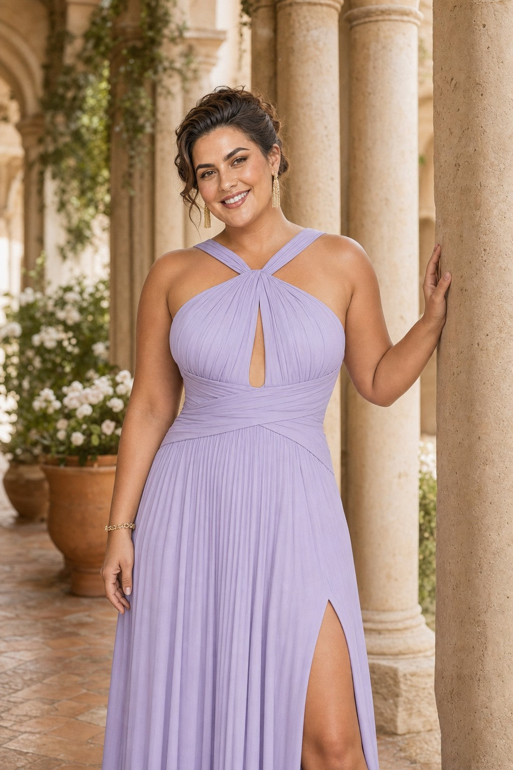 Plus Size Halter Bridesmaid Dress with Pleated Chiffon A-Line Skirt - Open Back and Side Slit