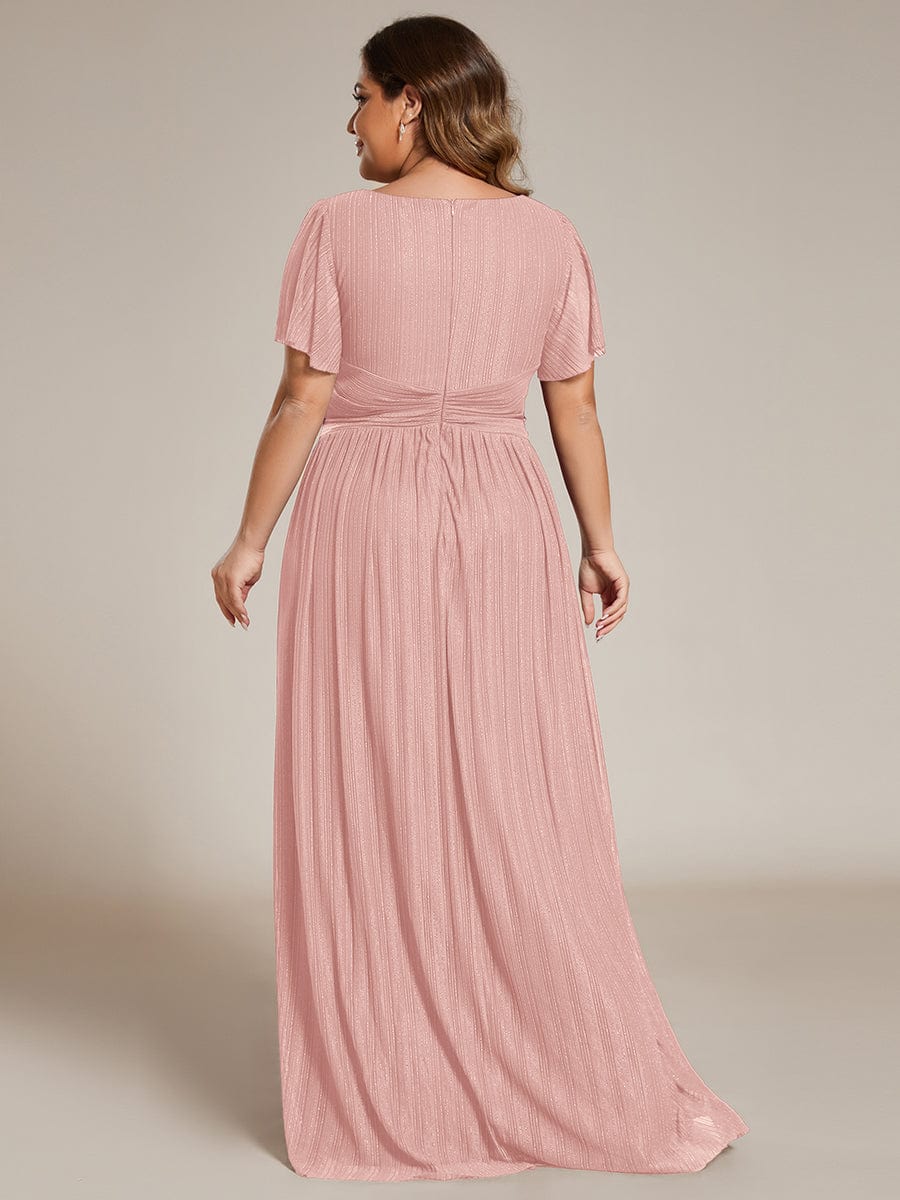 Plus Size V-Neck Glittery Short Sleeves Formal Evening Dress with Empire Waist