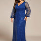 Plus Size V-Neck Lantern Long Sleeve Sequin A-Line Evening Dress