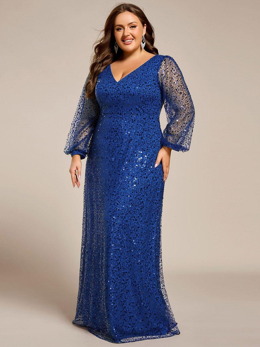 Plus Size V-Neck Lantern Long Sleeve Sequin A-Line Evening Dress