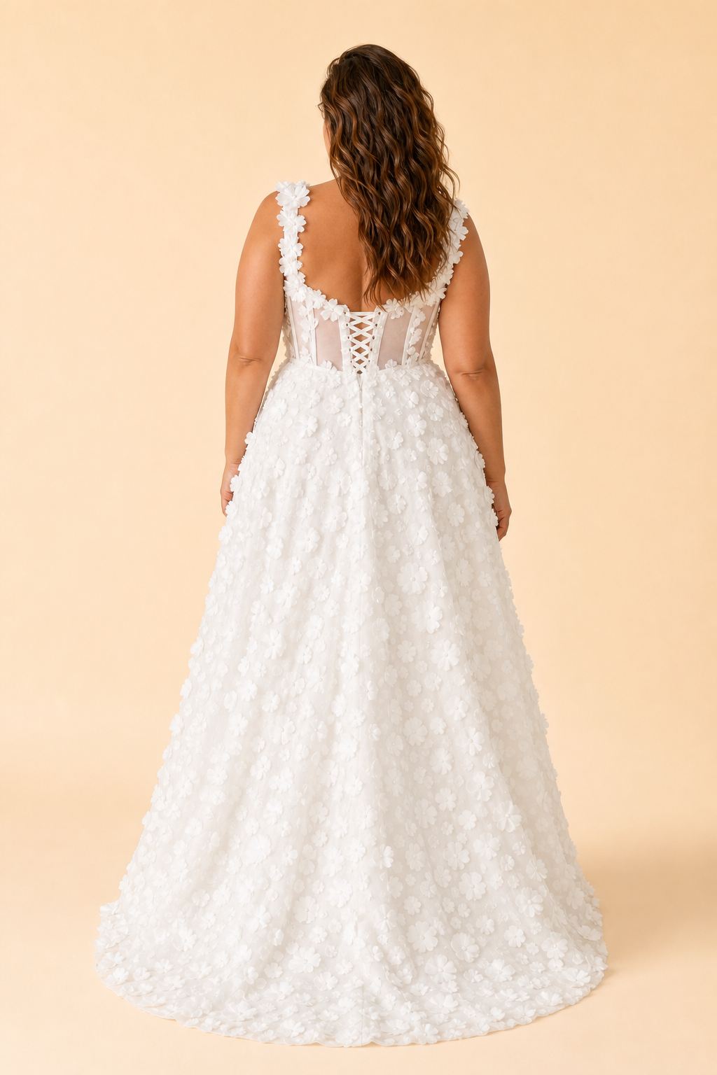 Plus Size Floral A-Line Wedding Dress with Lace-Up Back and High Slit