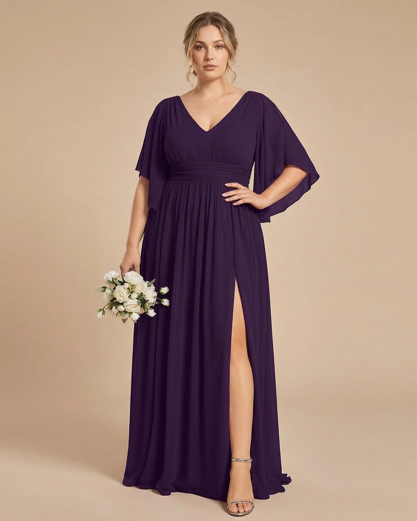 Petaline Romantic Plus Size A-Line Bridesmaid Dress with V-Neck Pleated Chiffon - for Weddings N0301
