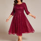 Plus Size 3/4 Sleeve Midi Round Neck A-Line Sequin Wedding Guest Dress