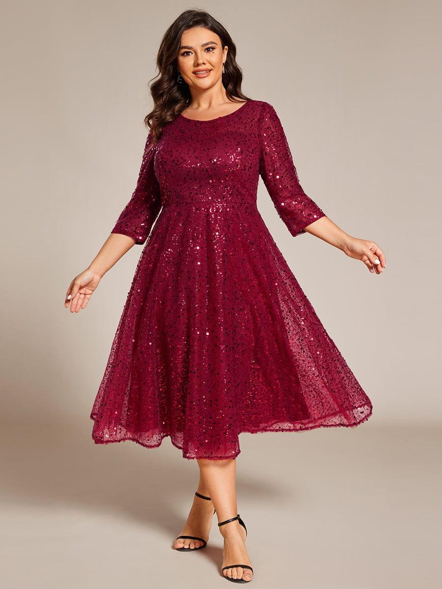Plus Size 3/4 Sleeve Midi Round Neck A-Line Sequin Wedding Guest Dress