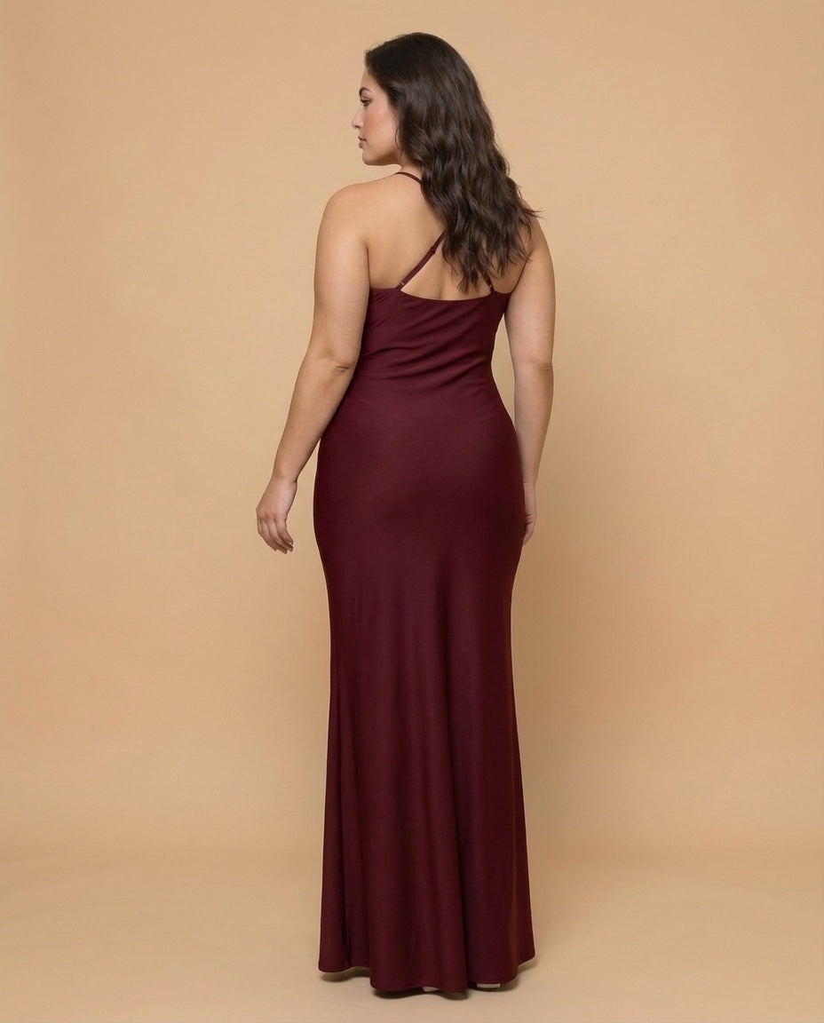 Silvarelle Romantic Sheath Stretch Satin Plus Size Bridesmaid Dress with V-Neck for Weddings - N0361