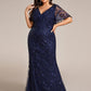 Fashion Plus Size V Neck Mermaid Sequin & Tulle Evening Dress