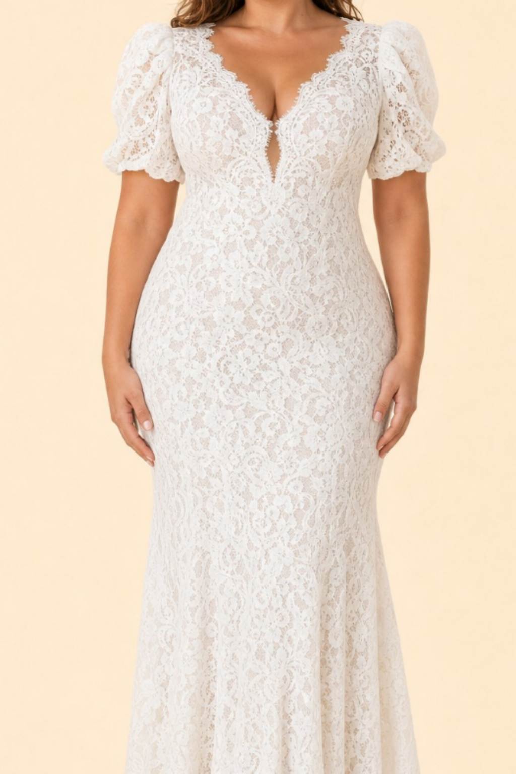 Plus Size Wedding Dress with Lace V Neck and Convertible Puff Sleeves