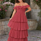 Elegant A Line Maxi Bridesmaid Dress Pleated Tiered Off Shoulder Design