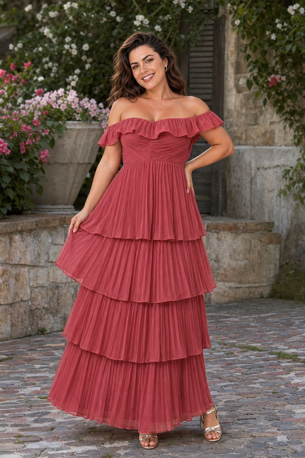 Elegant A Line Maxi Bridesmaid Dress Pleated Tiered Off Shoulder Design