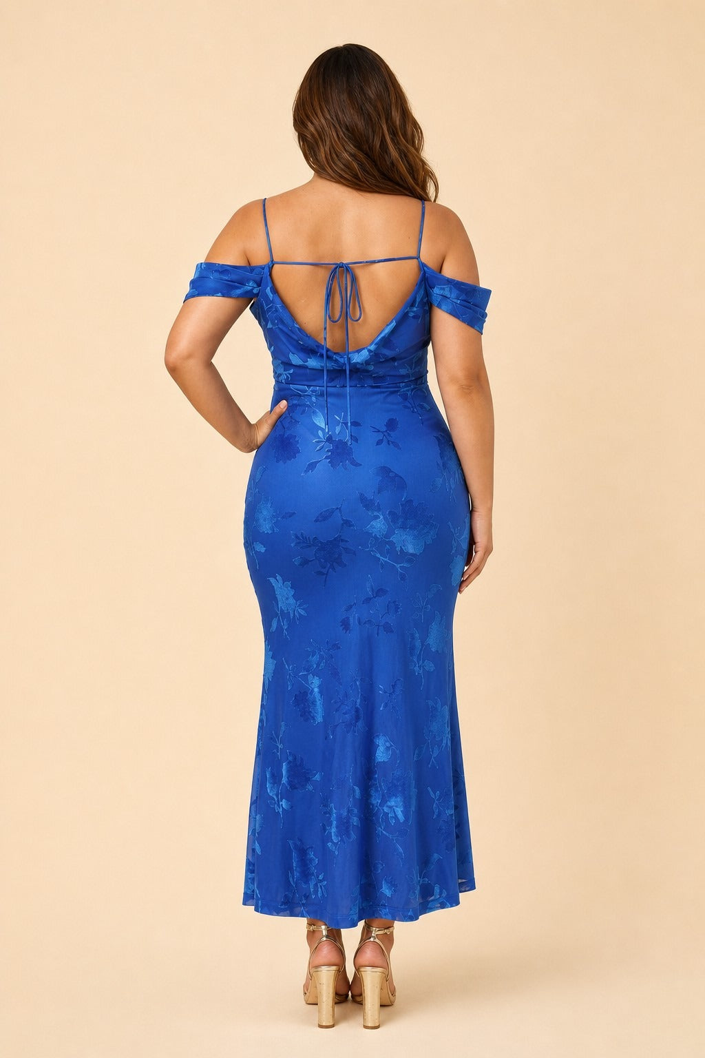 Plus Size Off Shoulder Burnout Floral Bridesmaid Dress with Lace-Up Back