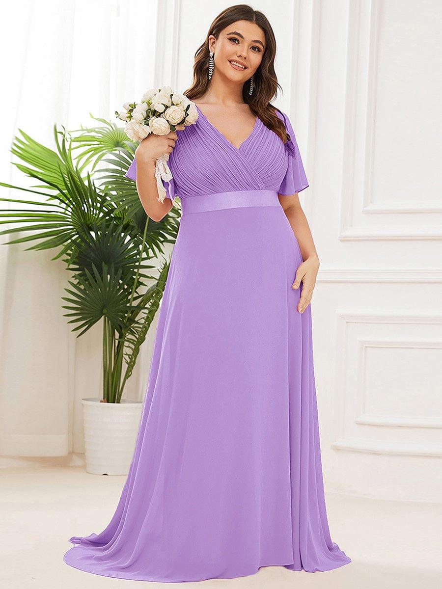 Plus Size Empire Waist V Back Bridesmaid Dress with Short Sleeves
