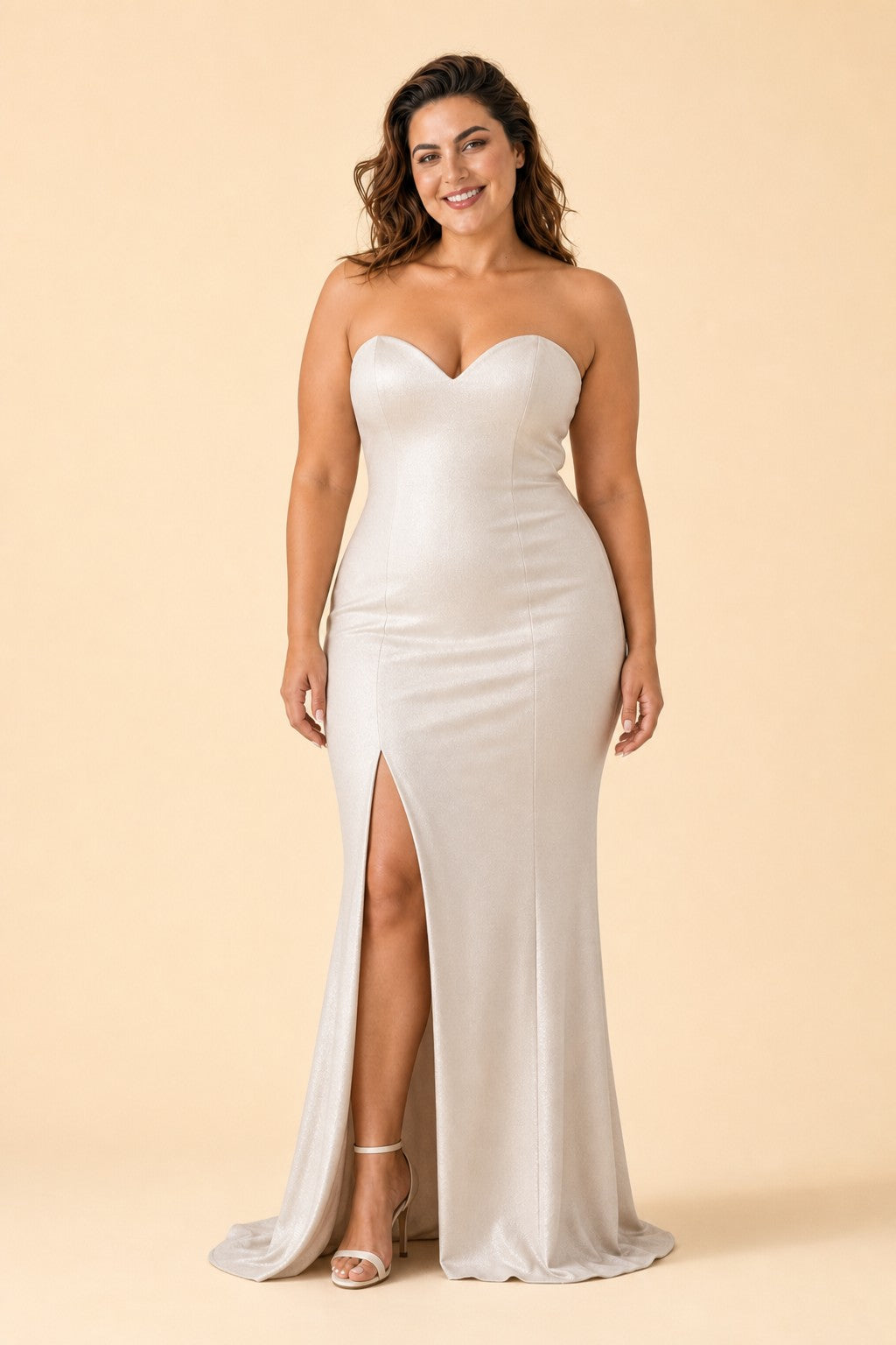 Plus Size Strapless Bridesmaid Dress with Cutout Back Bow and Slit