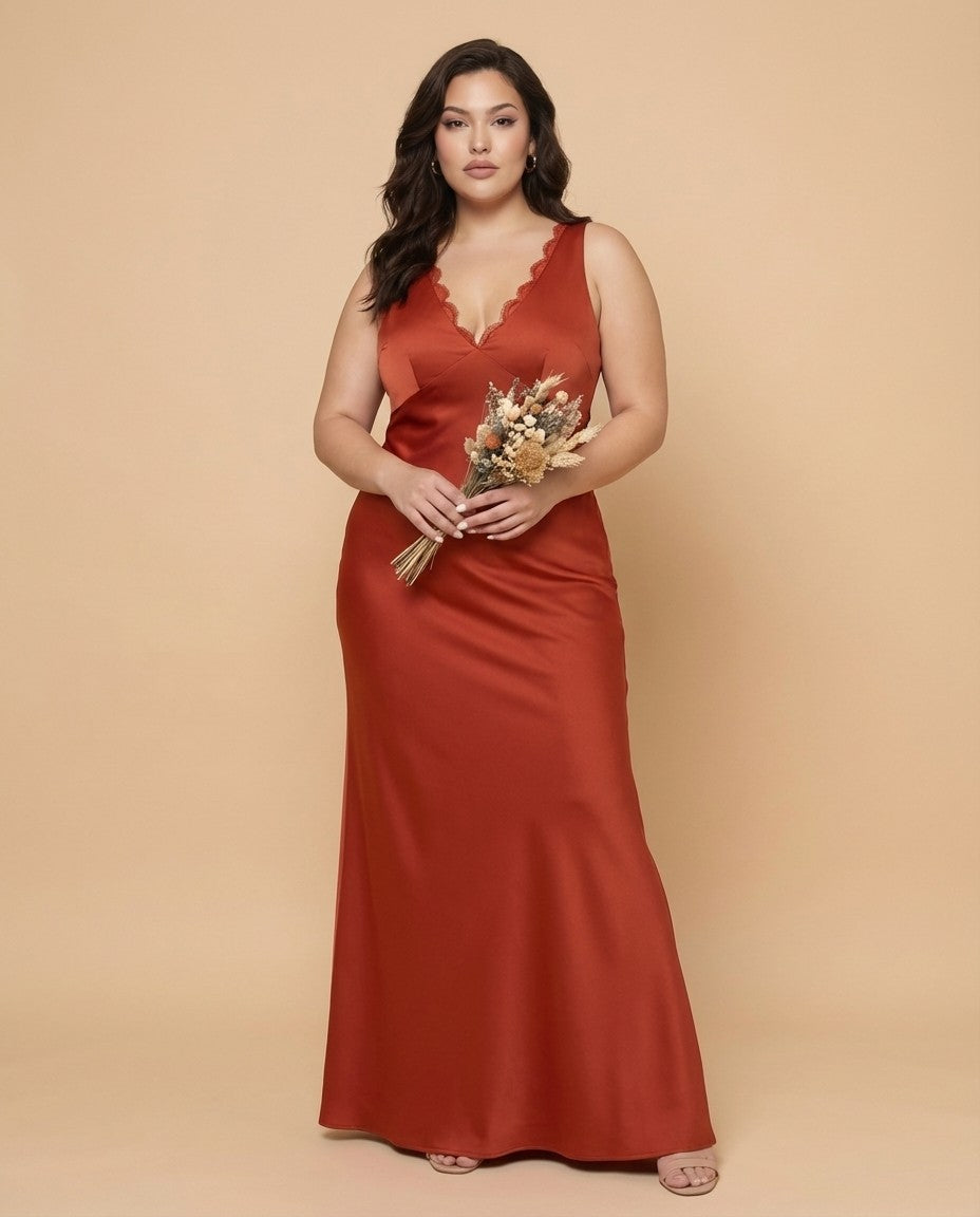 Silvarelle Romantic Sheath Stretch Satin Plus Size Bridesmaid Dress with V-Neck for Weddings - N0361