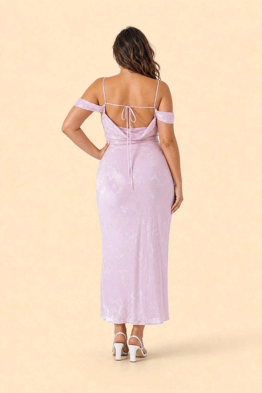 Plus Size Off Shoulder Burnout Floral Bridesmaid Dress with Lace-Up Back