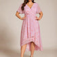 Plus Size Chiffon Short Sleeves Pleated V-Neck A-Line Midi Wedding Guest Dress