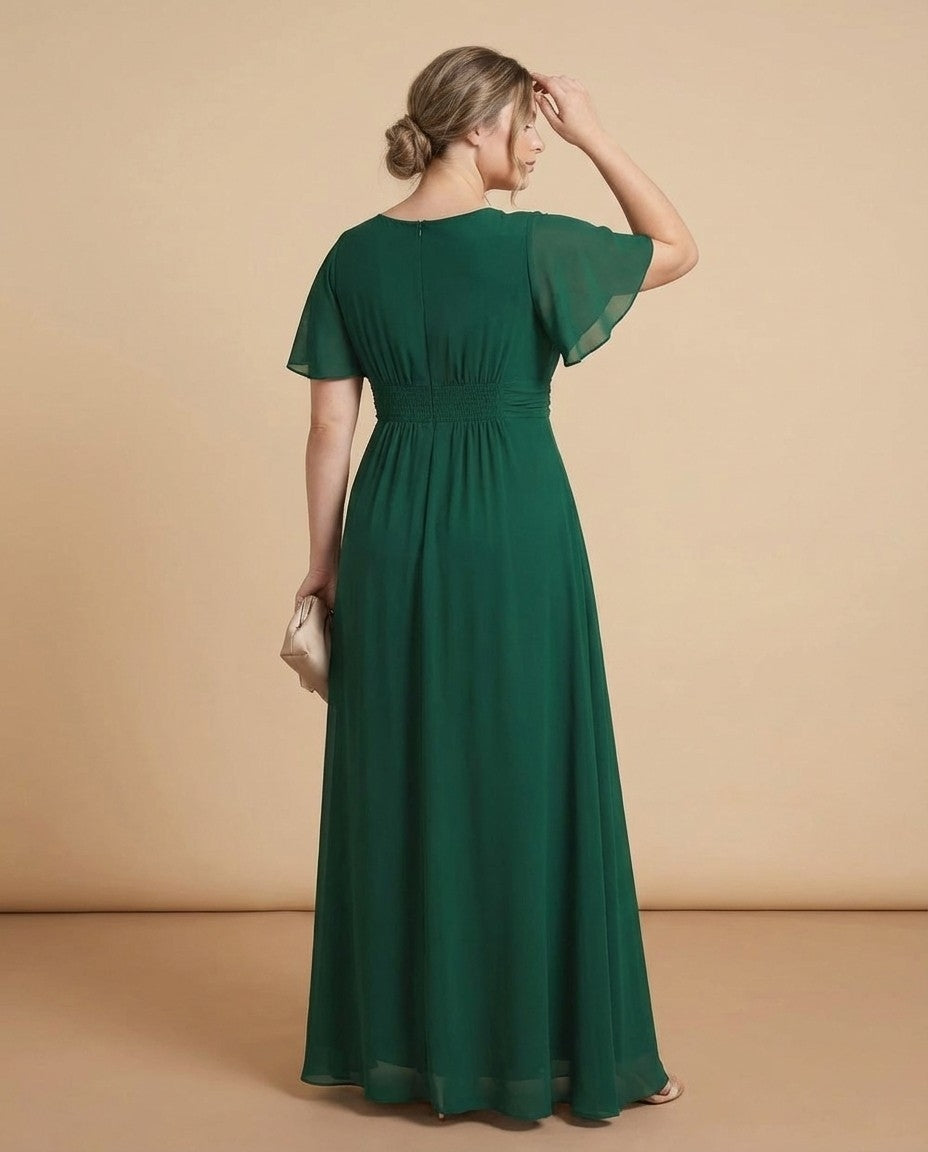 Petaline Elegant Chiffon A-Line Bridesmaid Gown with Short Sleeves N0324