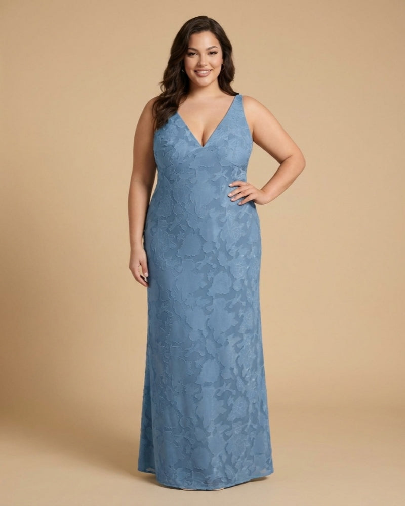 Silvarelle Romantic Plus Size Sheath Lace Bridesmaid Dress with Floral Texture for Wedding -N0351