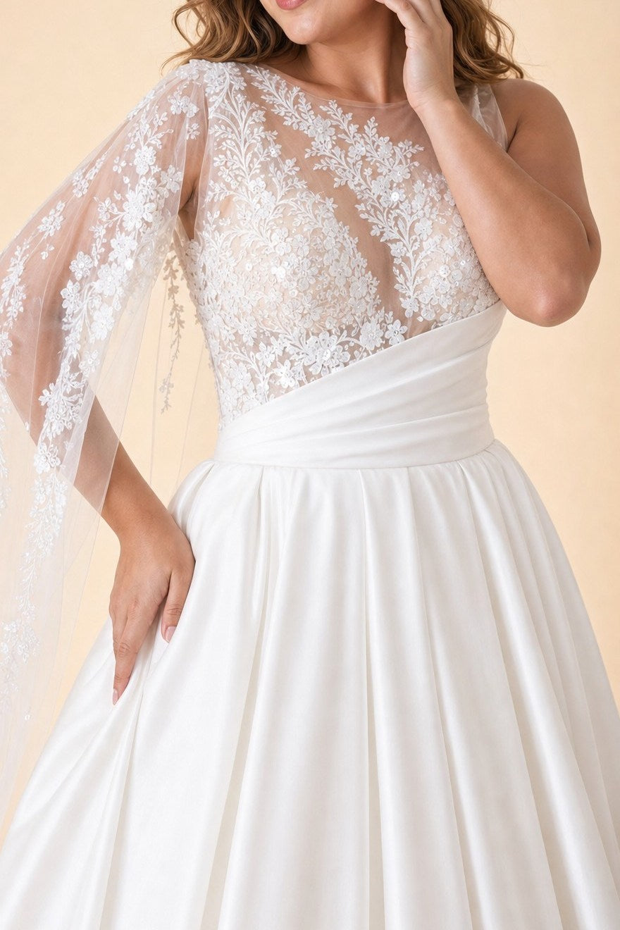 Plus Size A-Line Wedding Dress with Asymmetric Sleeve Lace Panels Open Back and Pockets