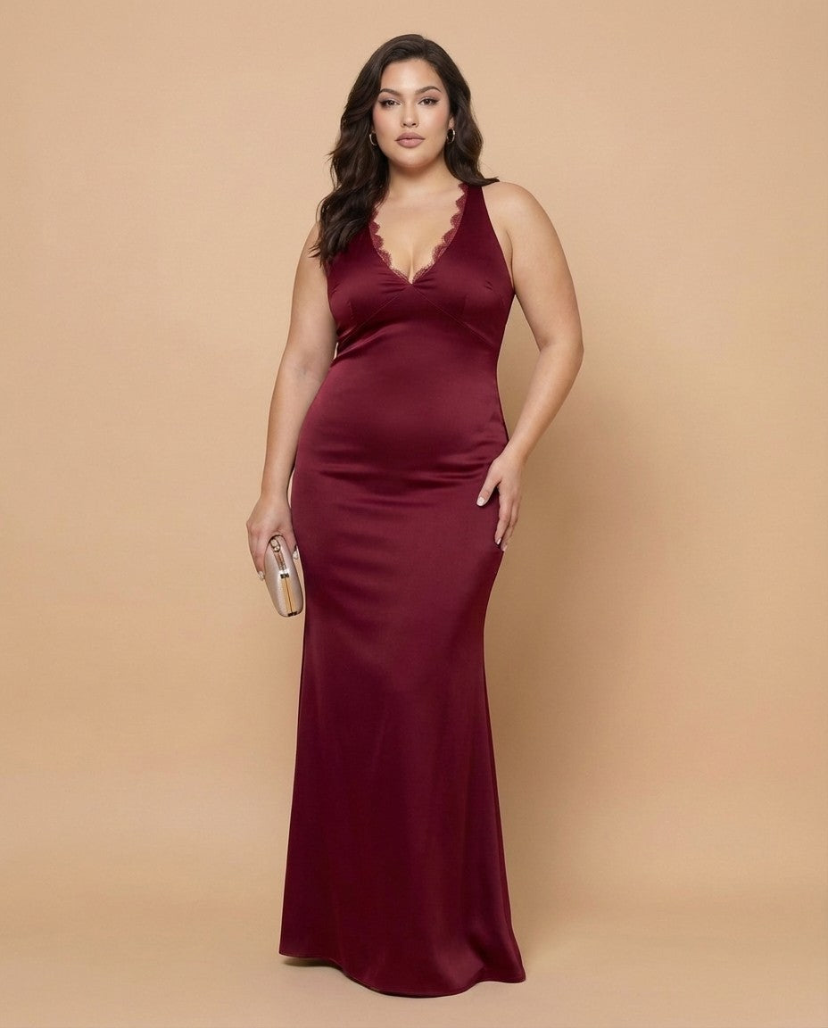Silvarelle Romantic Sheath Stretch Satin Plus Size Bridesmaid Dress with V-Neck for Weddings - N0361