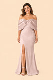 Elegant Plus Size Bridesmaid Dress with Off Shoulder Bow Detail and Slit