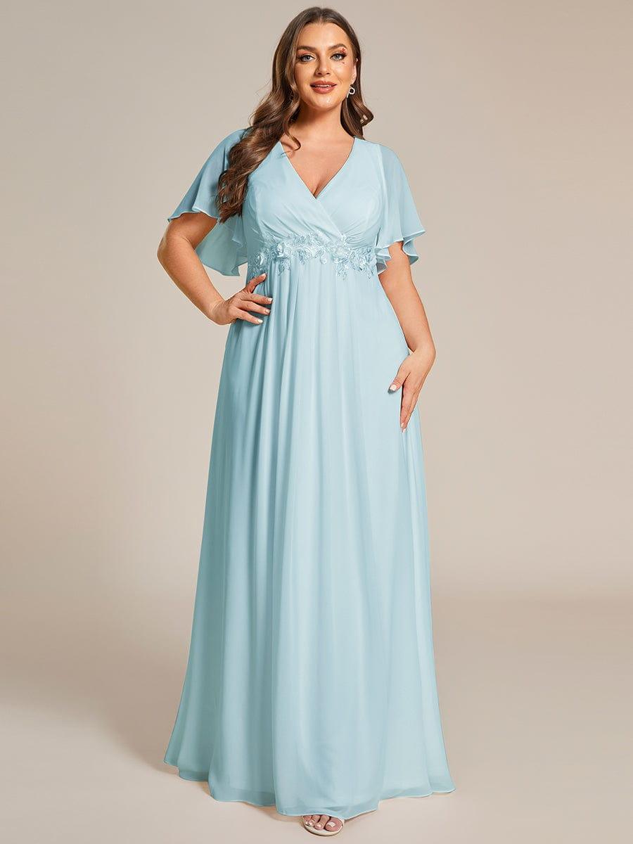 Plus Size Floral Applique Short Sleeve A-Line Chiffon Formal Evening Dress