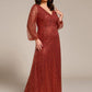 Plus Size V-Neck Lantern Long Sleeve Sequin A-Line Evening Dress