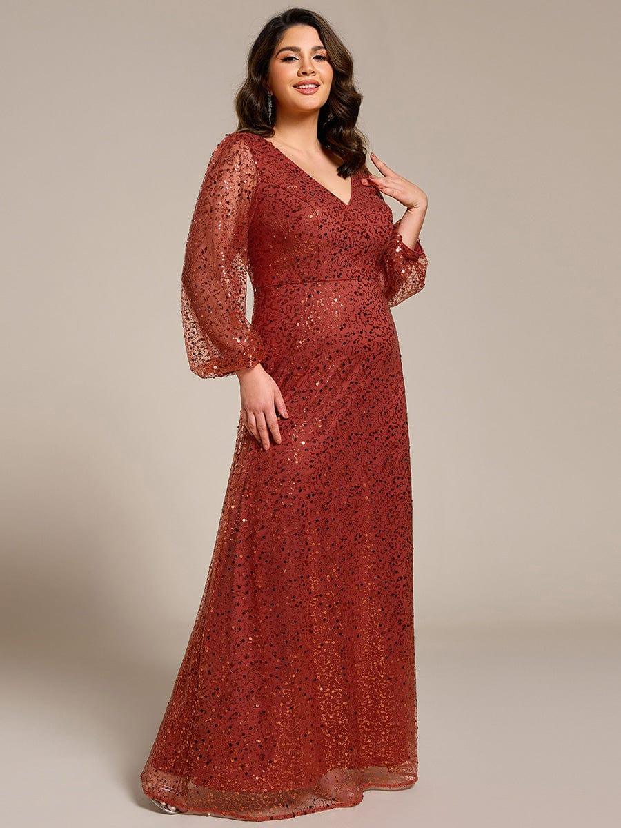 Plus Size V-Neck Lantern Long Sleeve Sequin A-Line Evening Dress