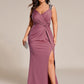 Plus Size Glitter V-Neck High Slit Sequin Shoulder Strap Evening Dress