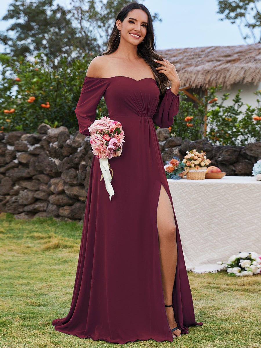 Plus Size High-Slit Waist Pleated Bridesmaid Dress with Long Sleeves
