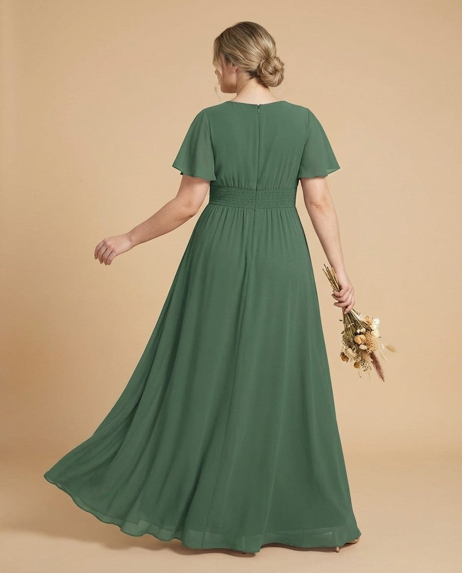 Petaline Elegant Chiffon A-Line Bridesmaid Gown with Short Sleeves N0324