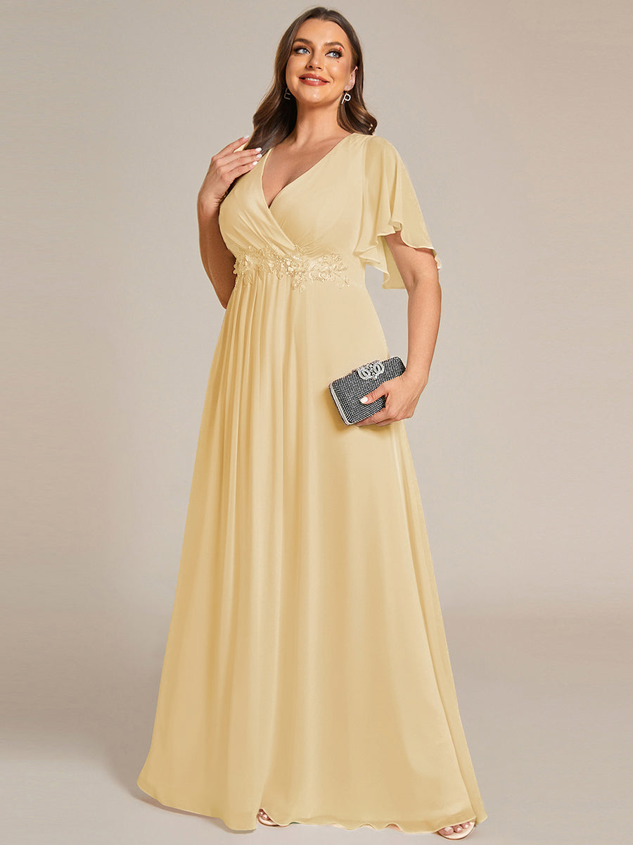 Plus Size Floral Applique Short Sleeve A-Line Chiffon Formal Evening Dress
