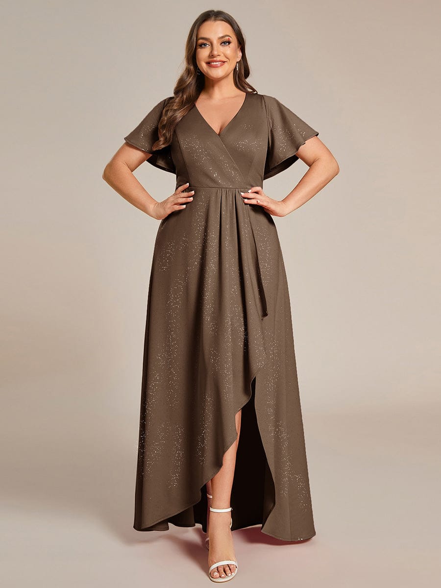 Plus Size Glitter Ruffled High-Low Front Slit Evening Dress
