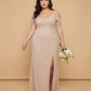 Elanthia Plus Size Off The Shoulder Mesh Bridesmaid Dress With Leg Slit For Wedding Party -N0346