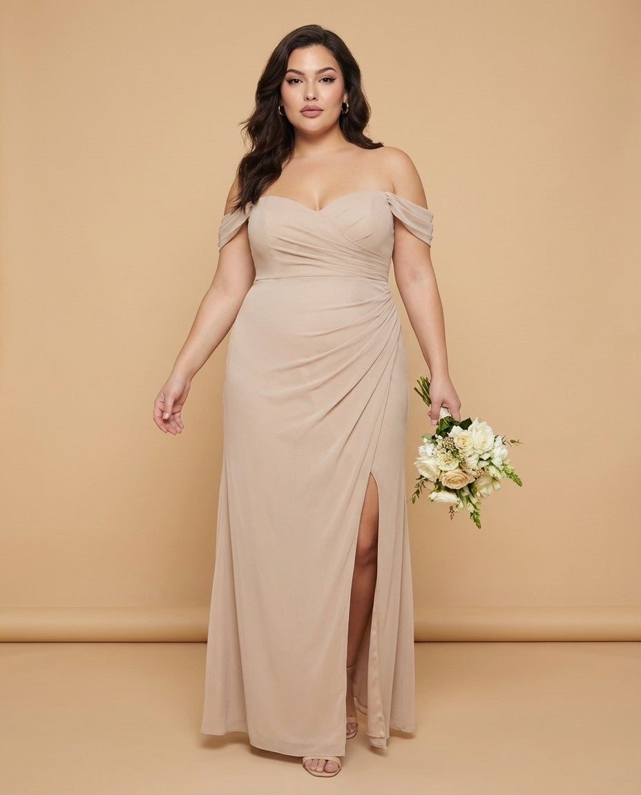 Elanthia Plus Size Off The Shoulder Mesh Bridesmaid Dress With Leg Slit For Wedding Party -N0346