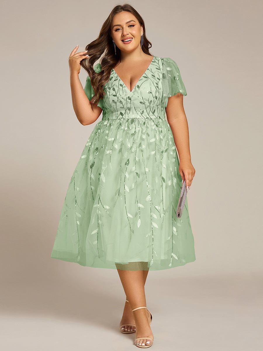 Plus Size Sparkly A-Line Midi Tulle Formal Wedding Guest Dress with Leaf Sequin