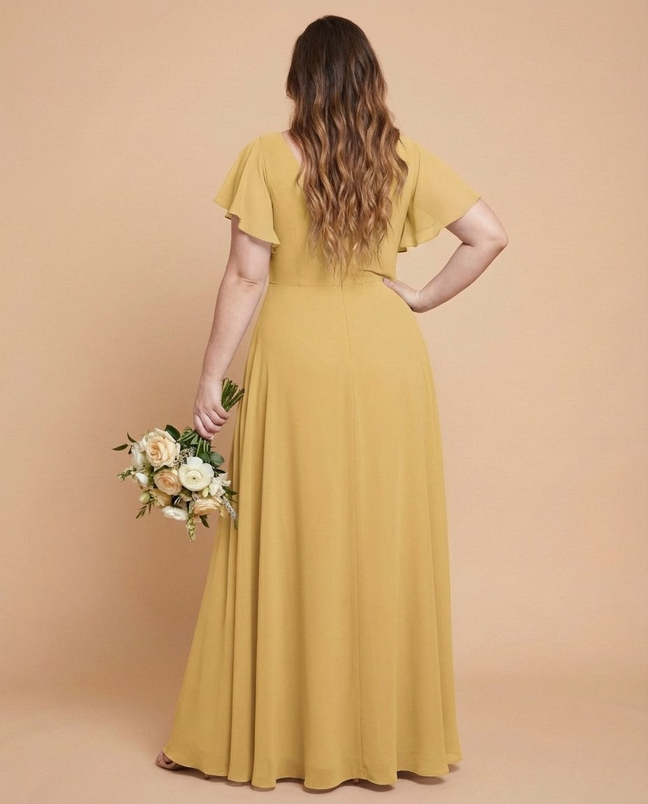 Avenleigh Graceful Modest Half Sleeve Pleated Plus Size Chiffon A-Line Bridesmaid Dress - N0342