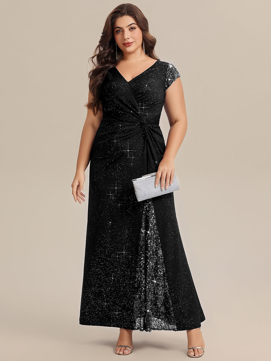 Plus Size Knotted Knit Cap Sleeve Maxi Glitter Evening Dress