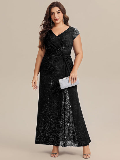 Plus Size Knotted Knit Cap Sleeve Maxi Glitter Evening Dress