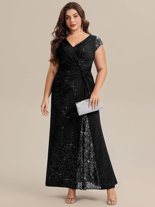 Plus Size Knotted Knit Cap Sleeve Maxi Glitter Evening Dress
